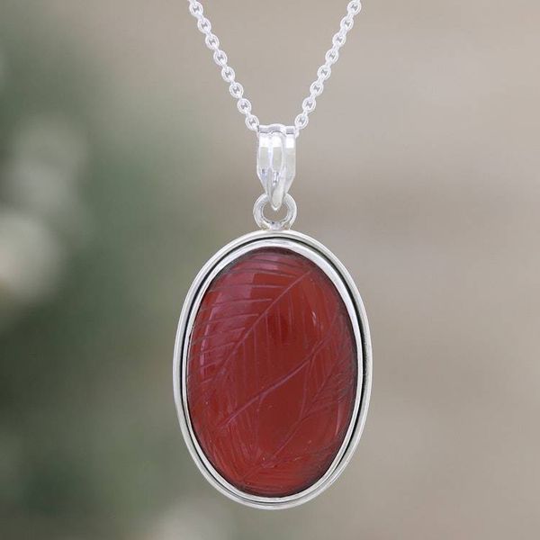 Alternate image for Red Onyx Pendant Necklace Crafted from Sterling Silver Leaf Charm
