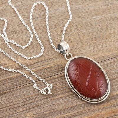 Alternate image for Red Onyx Pendant Necklace Crafted from Sterling Silver Leaf Charm