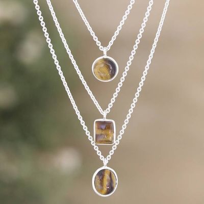 Primary image for Sterling Silver 3-Strand Tigers Eye Pendant Necklace Courage Shapes