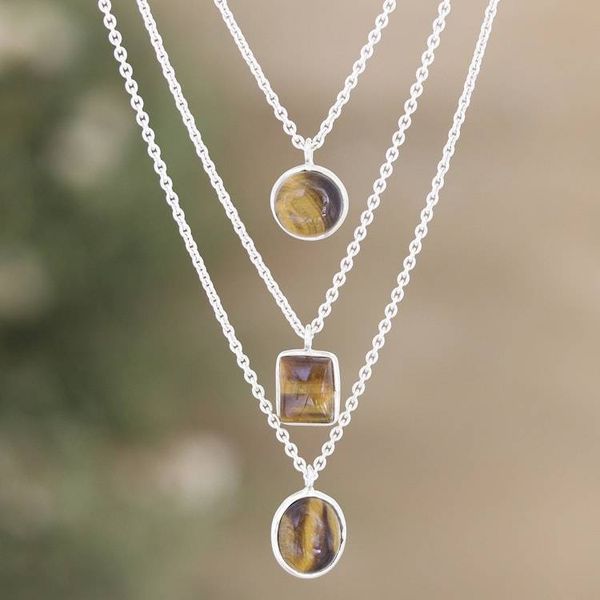 Alternate image for Sterling Silver 3-Strand Tigers Eye Pendant Necklace Courage Shapes