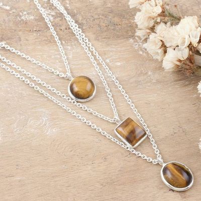 Alternate image for Sterling Silver 3-Strand Tigers Eye Pendant Necklace Courage Shapes