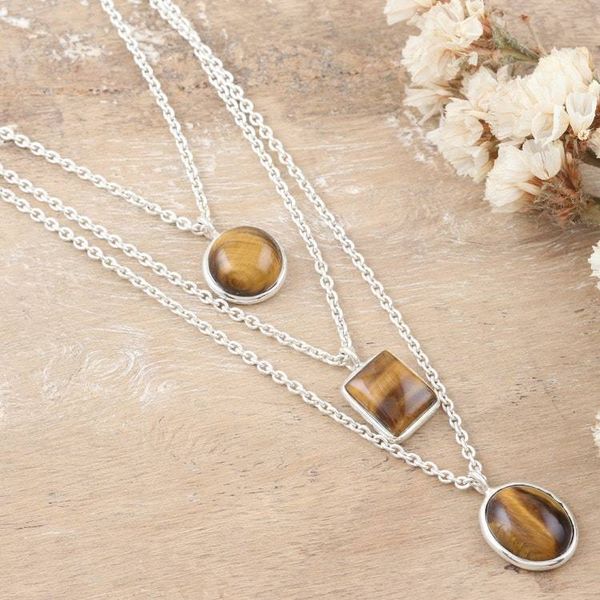 Alternate image for Sterling Silver 3-Strand Tigers Eye Pendant Necklace Courage Shapes