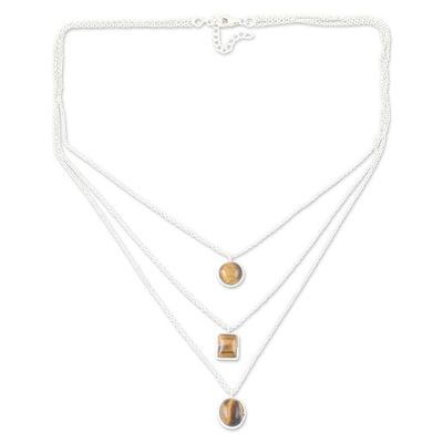Alternate image for Sterling Silver 3-Strand Tigers Eye Pendant Necklace Courage Shapes