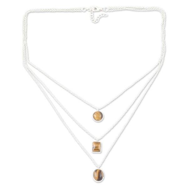 Alternate image for Sterling Silver 3-Strand Tigers Eye Pendant Necklace Courage Shapes