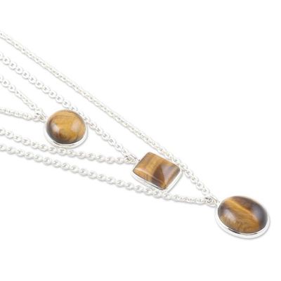 Alternate image for Sterling Silver 3-Strand Tigers Eye Pendant Necklace Courage Shapes