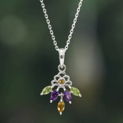 Alternate image for Silver Pendant Necklace with Peridot Citrine Amethyst Gems Celestial Bloom