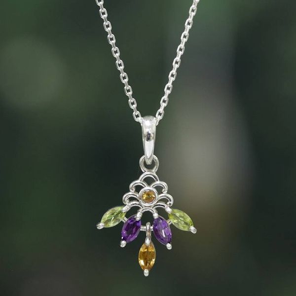 Alternate image for Silver Pendant Necklace with Peridot Citrine Amethyst Gems Celestial Bloom