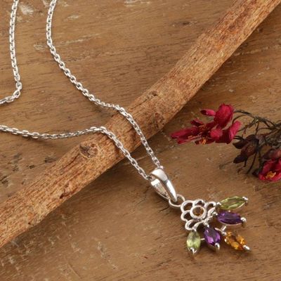 Alternate image for Silver Pendant Necklace with Peridot Citrine Amethyst Gems Celestial Bloom