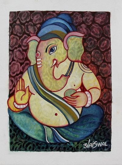 Alternate image for India Stylized Oil Portrait of Hindu Lord Ganesha Happy Ganesha