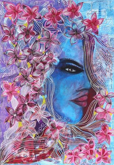 Alternate image for Signed Pink and Blue Acrylic Painting of Blooming Woman Bloom and Flourish