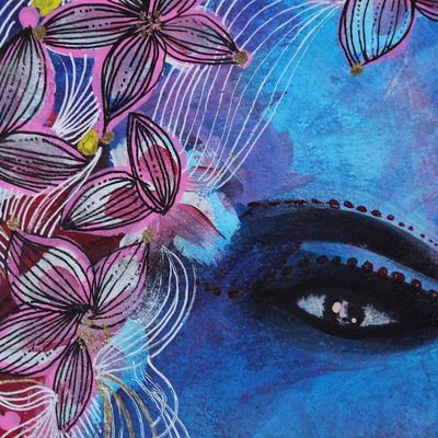 Alternate image for Signed Pink and Blue Acrylic Painting of Blooming Woman Bloom and Flourish