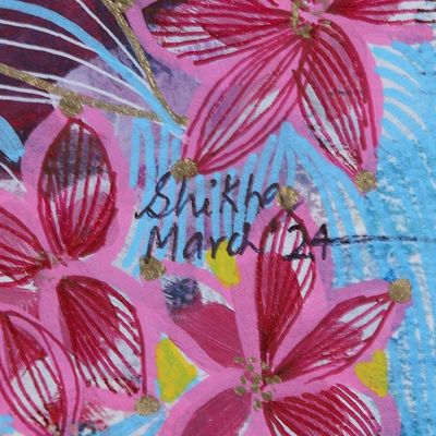 Alternate image for Signed Pink and Blue Acrylic Painting of Blooming Woman Bloom and Flourish