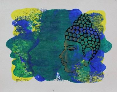 Alternate image for Blue and Yellow Original Signed Portrait of Buddha The Enlightened Buddha