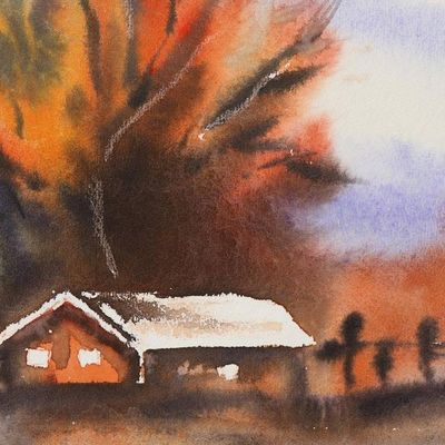 Alternate image for Watercolor Impressionist Landscape Painting from India Rustic Beauty