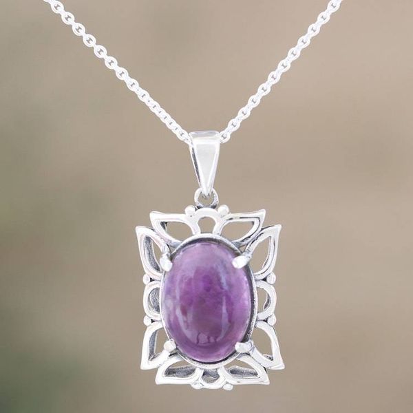 Alternate image for Handmade Amethyst and Sterling Silver Pendant Necklace Fantasy Flower