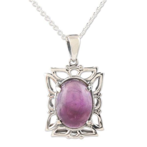 Alternate image for Handmade Amethyst and Sterling Silver Pendant Necklace Fantasy Flower