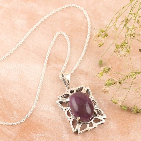 Alternate image for Handmade Amethyst and Sterling Silver Pendant Necklace Fantasy Flower