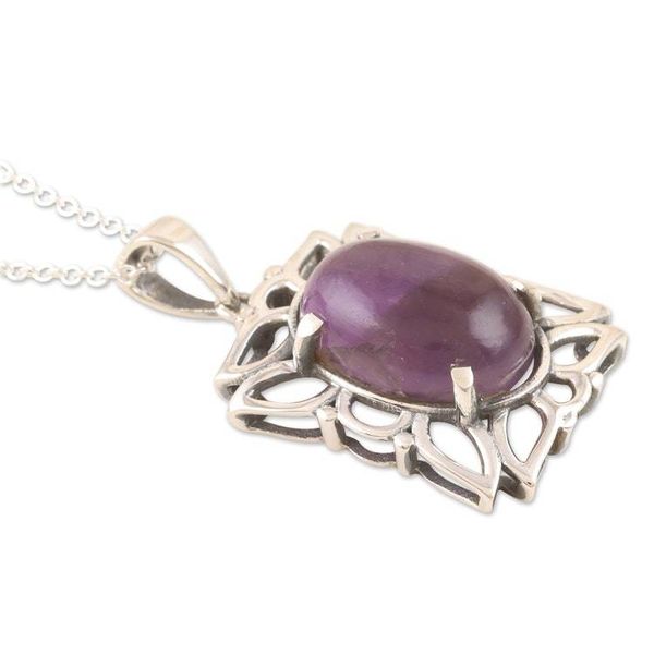 Alternate image for Handmade Amethyst and Sterling Silver Pendant Necklace Fantasy Flower