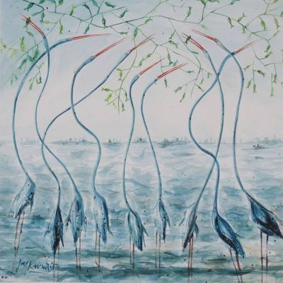 Primary image for Birds in Wetlands Modern Expressionist Watercolor Painting Poise in the Wetlands