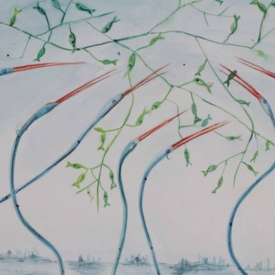 Alternate image for Birds in Wetlands Modern Expressionist Watercolor Painting Poise in the Wetlands