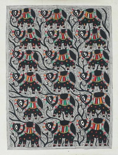 Alternate image for Signed Madhubani Folk Art Painting of Royal Elephants The Herd