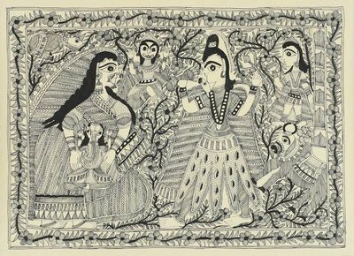 Alternate image for Flower Border Hindu Theme Madhubani Folk Art Painting Shivas Dance