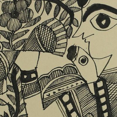Alternate image for Flower Border Hindu Theme Madhubani Folk Art Painting Shivas Dance