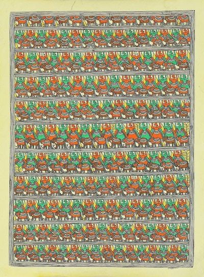 Primary image for India Madhubani Painting of Royal Guards and Elephants Mithila Royal Procession