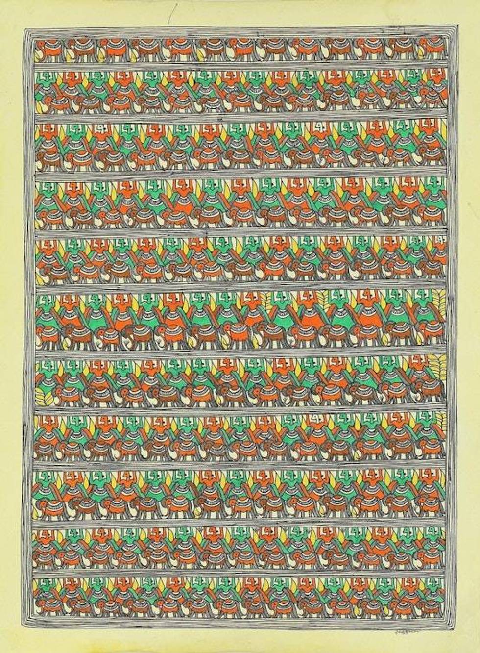 India Madhubani Painting of Royal Guards and Elephants 'Mithila Royal Procession'