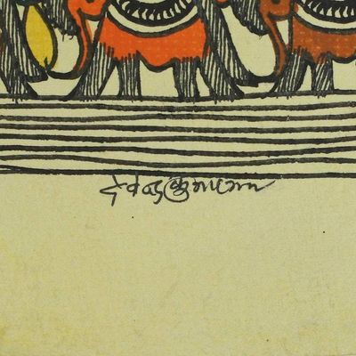 Alternate image for India Madhubani Painting of Royal Guards and Elephants Mithila Royal Procession
