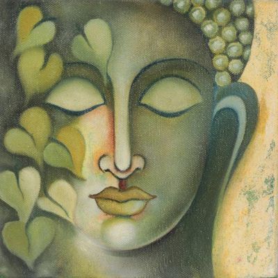 Alternate image for Oil on Canvas Painting of Buddha in Shades of Green Serene Buddha