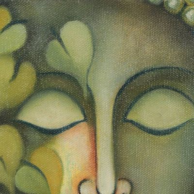 Alternate image for Oil on Canvas Painting of Buddha in Shades of Green Serene Buddha