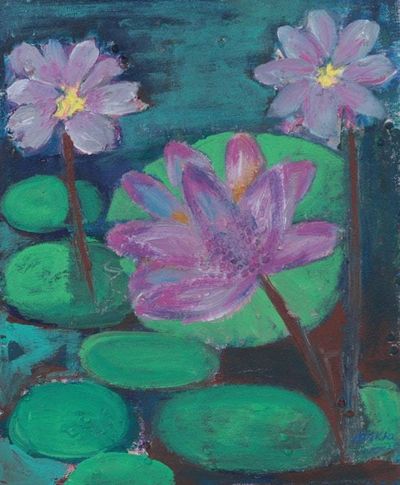 Alternate image for Impressionist Acrylic Painting of Water Lilies on a Pond Lotus Dreamscape