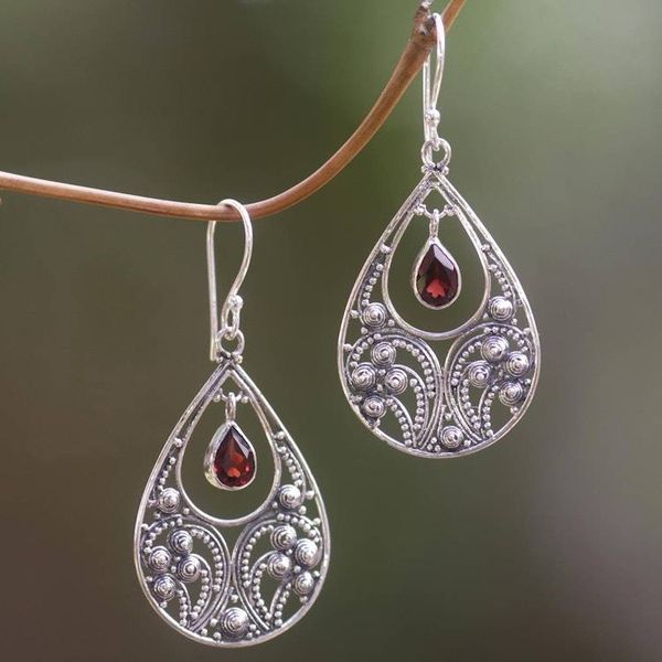 Alternate image for Garnet and Sterling Silver Dangle Earrings from Indonesia Bali Crest