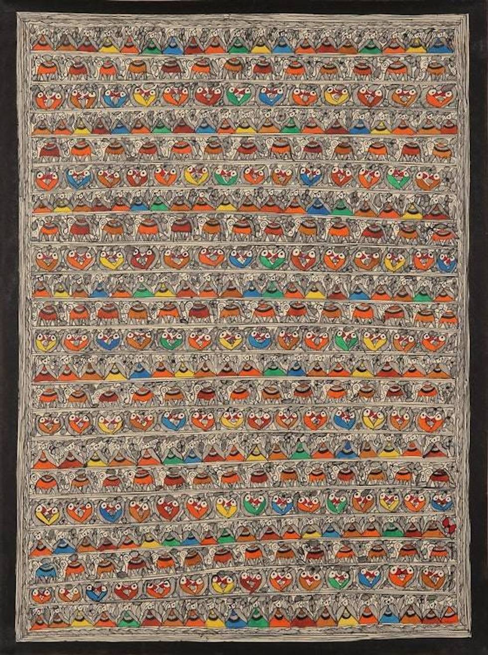 Colorful Madhubani Bird Painting on Handmade Paper 'Living in Harmony'