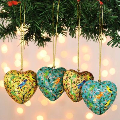 Primary image for Handmade Bird Motif Papier Mache Ornaments Set of 4 Birds of Kashmir