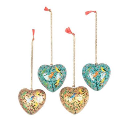 Alternate image for Handmade Bird Motif Papier Mache Ornaments Set of 4 Birds of Kashmir