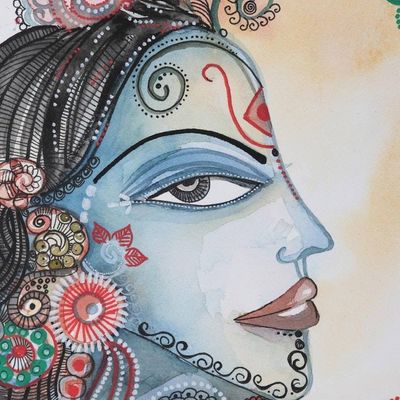 Alternate image for Watercolor Krishna Painting on Paper Krishnas Magnificence