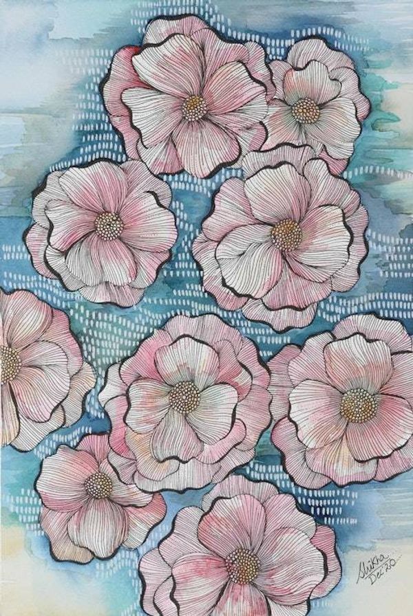 Alternate image for Floral-Themed Watercolor Painting on Paper Night Blossoms
