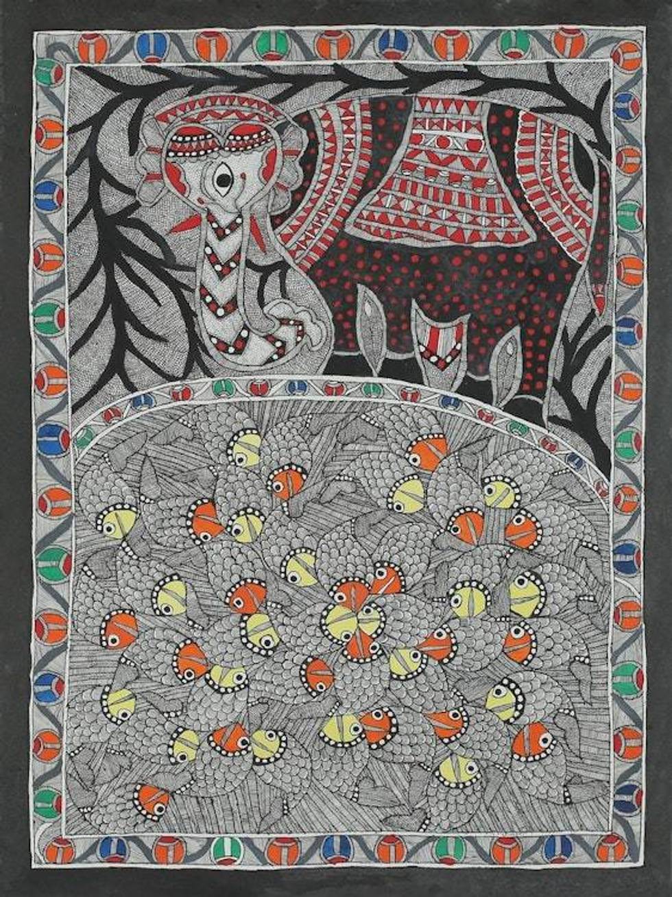 Colorful India Madhubani Folk Art Animal Painting 'Happy Coexistence'