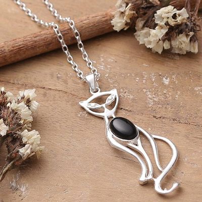 Primary image for Whimsical Cat-Shaped Black Onyx Silver Pendant Necklace Mystic Cat