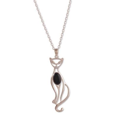 Alternate image for Whimsical Cat-Shaped Black Onyx Silver Pendant Necklace Mystic Cat