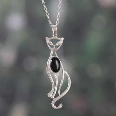 Alternate image for Whimsical Cat-Shaped Black Onyx Silver Pendant Necklace Mystic Cat