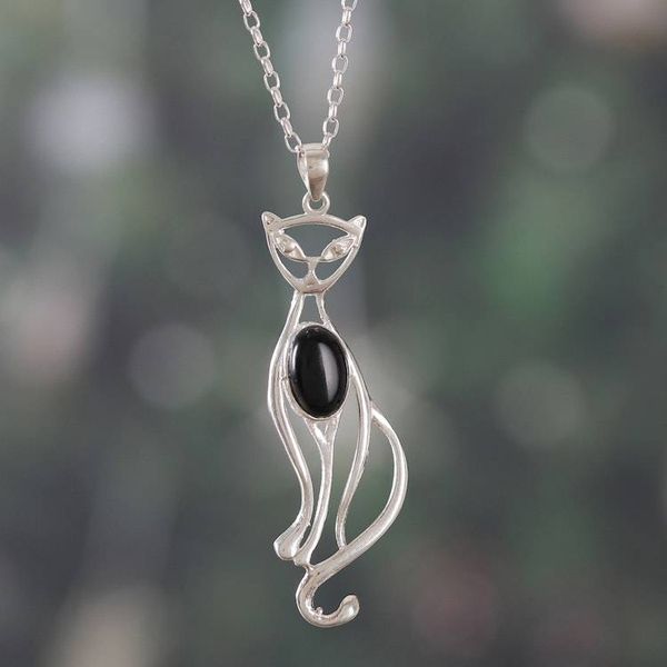 Alternate image for Whimsical Cat-Shaped Black Onyx Silver Pendant Necklace Mystic Cat