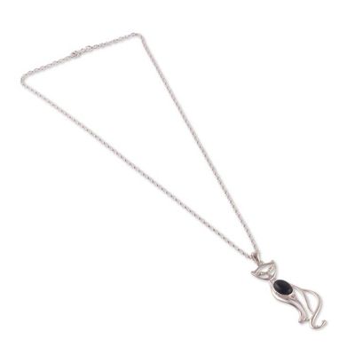 Alternate image for Whimsical Cat-Shaped Black Onyx Silver Pendant Necklace Mystic Cat