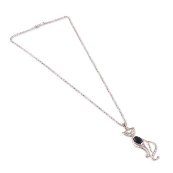 Alternate image for Whimsical Cat-Shaped Black Onyx Silver Pendant Necklace Mystic Cat