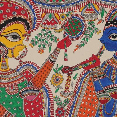 Alternate image for Classic Natural Dye Krishna and Radha Madhubani Painting Radha Krishnas Divine Love