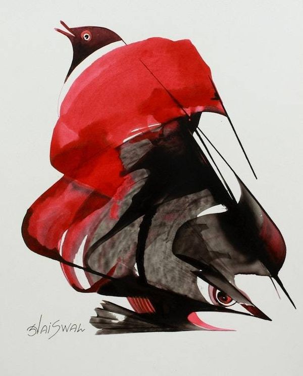 Alternate image for Signed Indian Nature Painting of a Bird and a Fish Natures Union