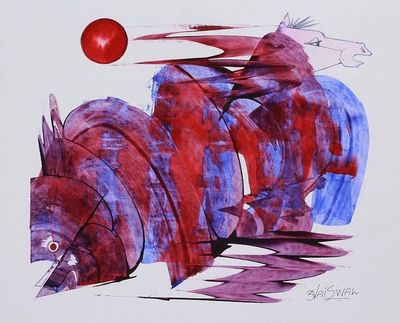 Primary image for Red and Blue Cubist Painting of Horses and Fish from India Land and Water