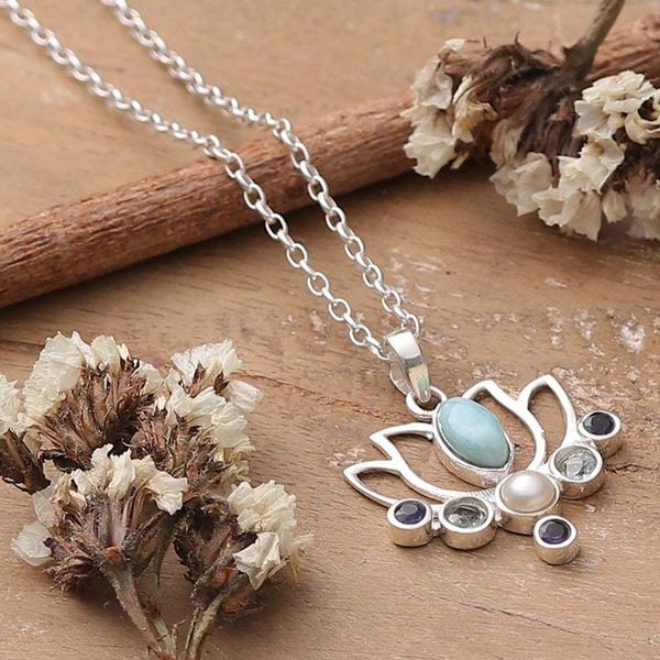 Alternate image for Lotus Flower-Themed Multi-Gemstone Silver Pendant Necklace Luxurious Lotus